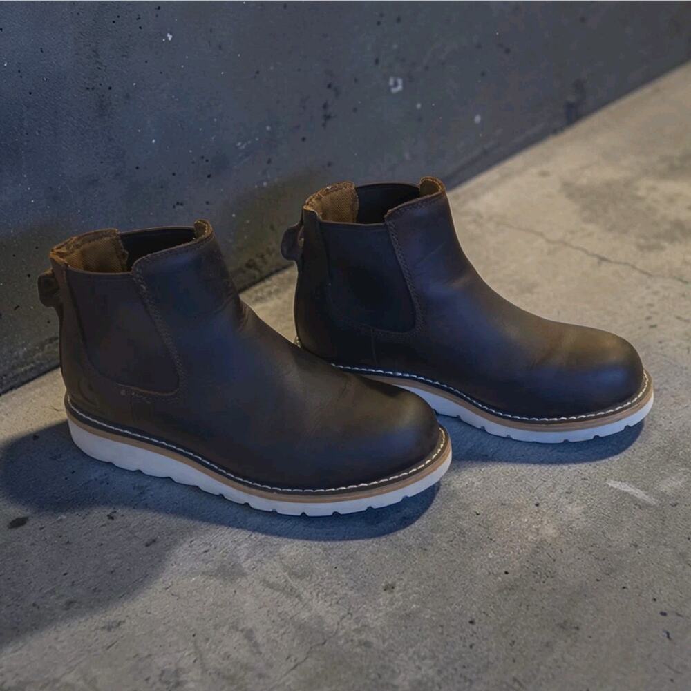 Pair of Carhartt Chelsea Pull-On Wedge Boots in women's size 8.5 dark brown